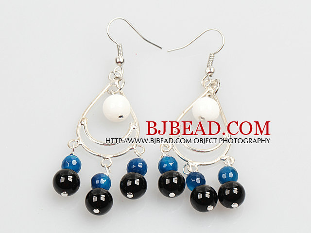 Summer Style White Porcelain Bead Blue Black Agate Dangle Earrings