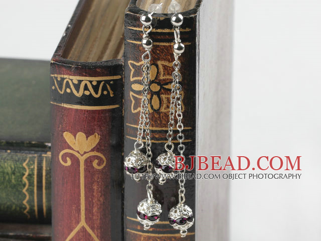 dangling style purple red rhinestone ball earrings