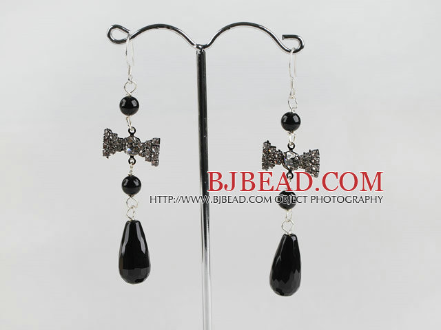 black agate earrings with butterfly shape rhinestone charm