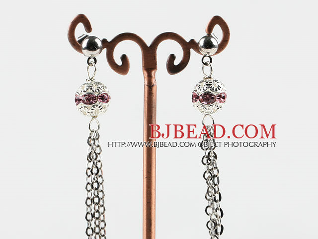 dangling style pink color rhinestone ball earrings
