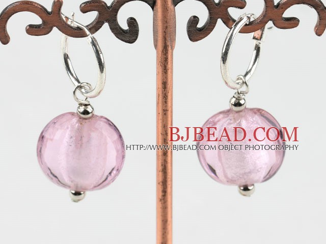 Cute style flat round shape pink colored glaze earrings
