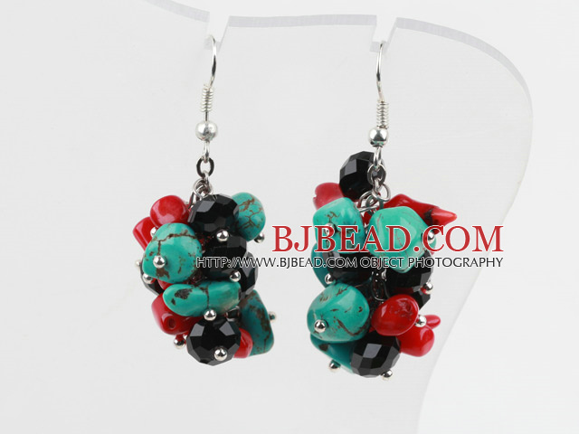 Assorted Turquoise and Red Coral and Black Crystal Cluster Earrings