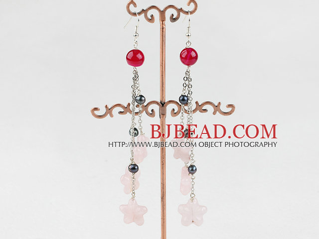 dangling style rose quartze and pear earrings 