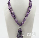 Two Strands Amethyst Chips and Amethyst Pendant Necklace