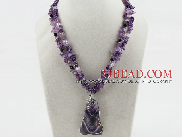 Two Strands Amethyst Chips and Amethyst Pendant Necklace