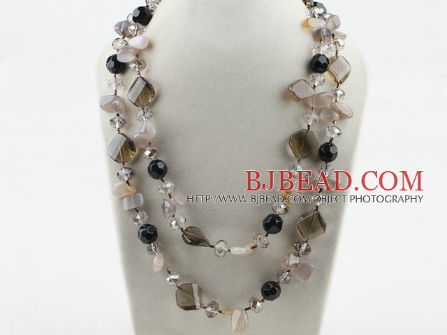 Long Style Smoky Quartz and Gray Agate Necklace