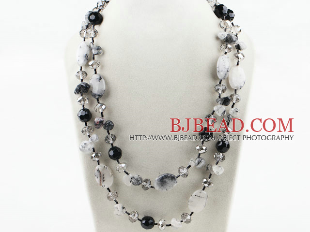 Long Style Crystal and Black Rutilated Quartz Necklace
