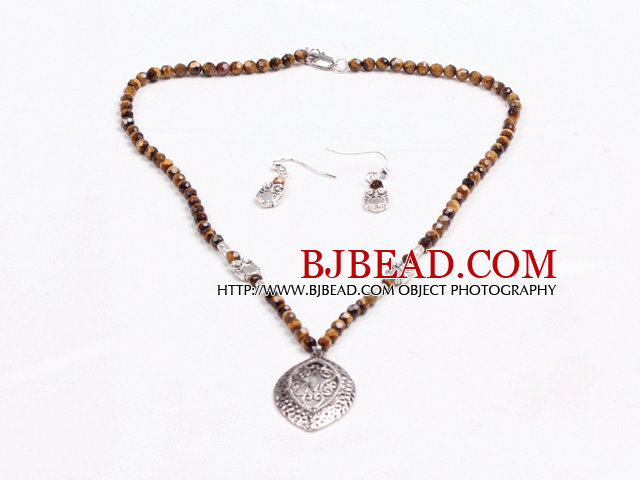 Simple Style Faceted Tiger Eye Stone Beads Jewelry Set(Necklace With Matched Earrings)