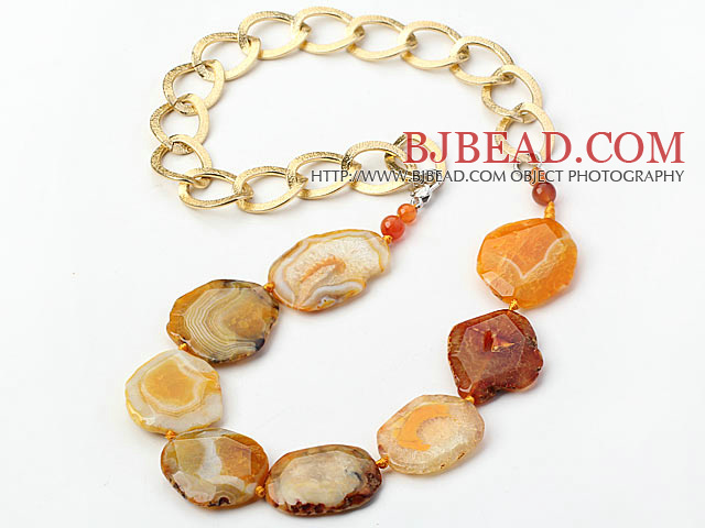 Orange Color Burst Pattern Crystallized Agate Knotted Necklace with Golden Color Metal Chain ( The Chain Can Be Deducted )