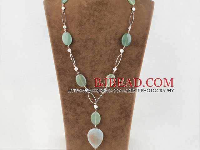 metal jewelry white pearl and serpentine jade  necklace with extendable chain