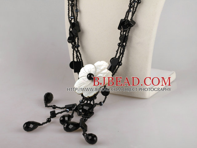 black agate and crystal shell flower necklace