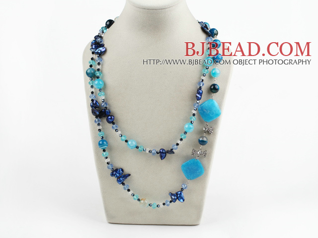 assorted blue crystal and agate long style fashion necklace