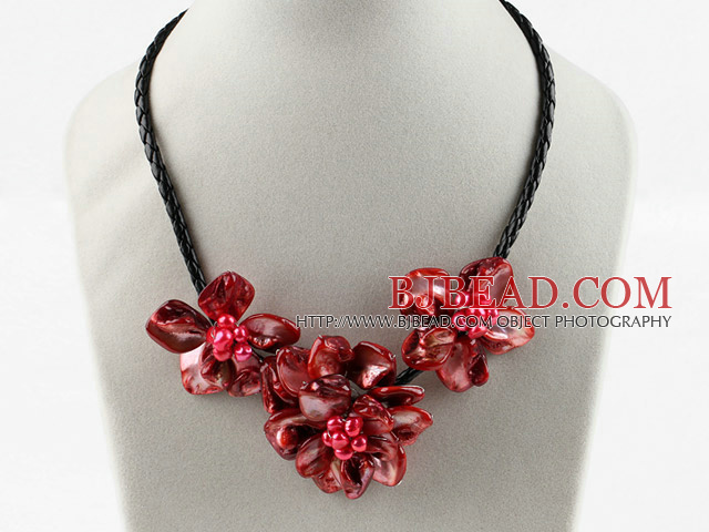 Three Pieces of Red Pearl Shell Flower Necklace