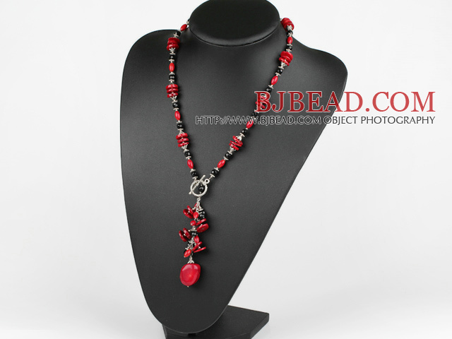 19.5 inches fashion long style black crystal and red coral necklace