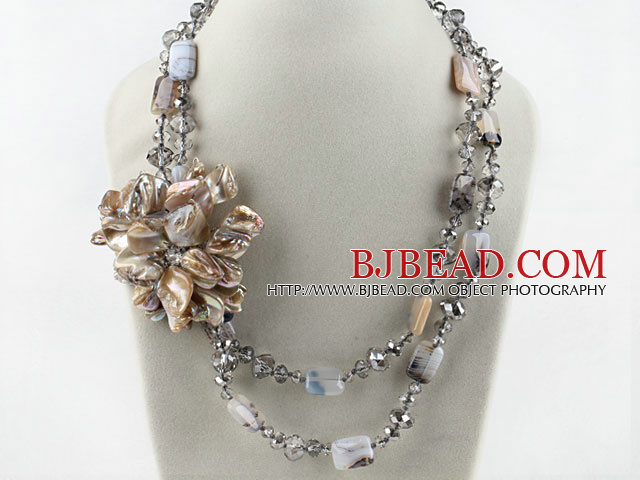 Big style crystal and gray agate and shell flower party necklace