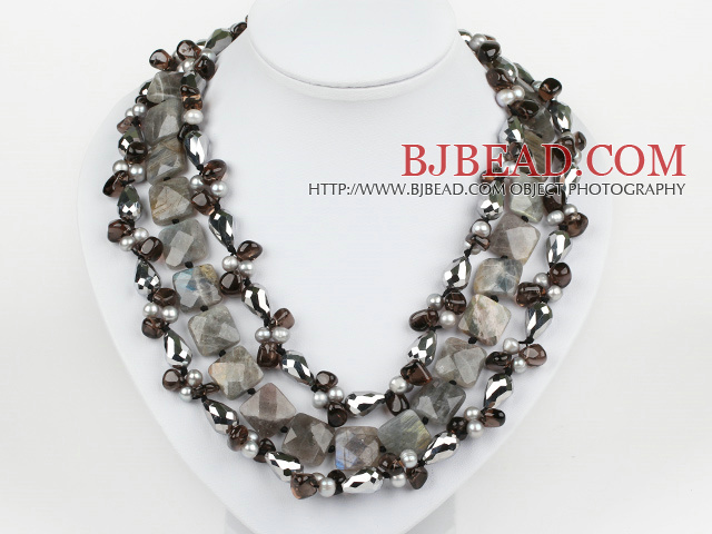 Multi Strand Pearl and Smoky Quartz and Flashing Stone Necklace