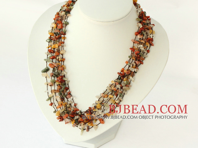 multi strand multi color rutilated quartz necklace with shell flower clasp