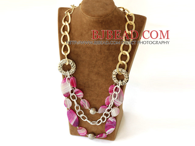 fashion pink agate necklace with golden color metal chain