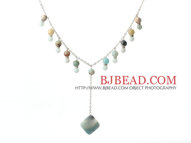 Round amazon stone beaded y shape necklace with metal chain