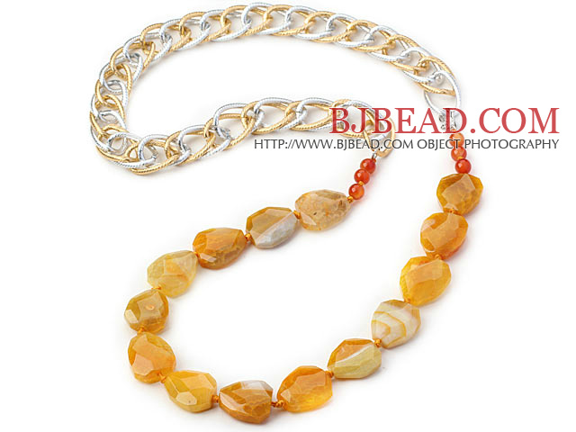 Yellow Color Burst Pattern Crystallized Agate Knotted Necklace with Golden and Silver Color Metal Chain ( The Chain Can Be Deducted )