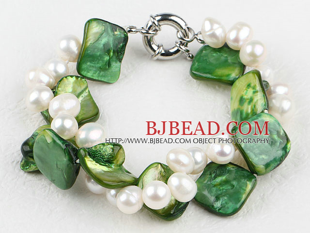 twisted 2 strand white pearl green shell bracelet 7 inches