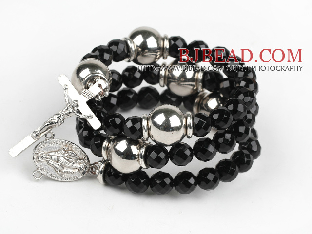 20.5 inches 8mm faceted black agate wrap bangle bracelet with cross charm