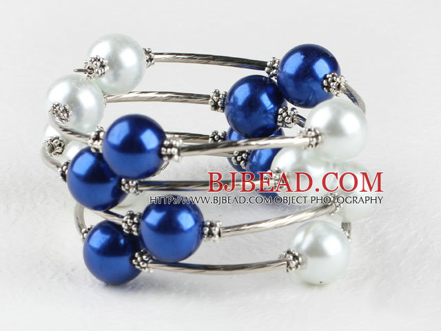 7.5 inches white and blue 12mm shell beads bangle bracelet