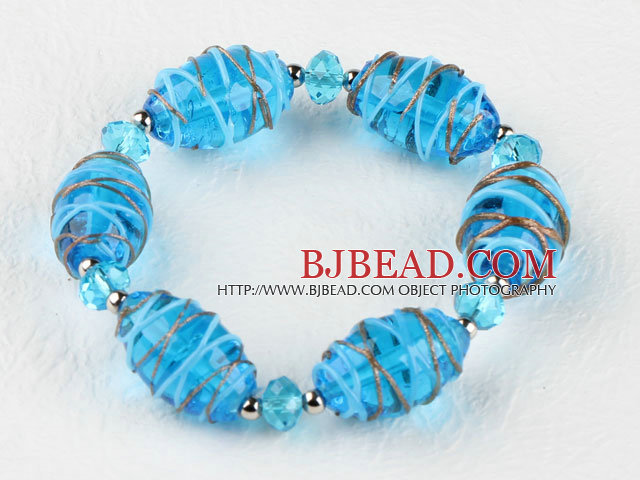 elastic 7.5 inches blue colored glaze and crystal bracelet