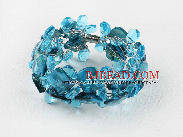sea blue drop crystal and shell bracelet with magnetic clasp