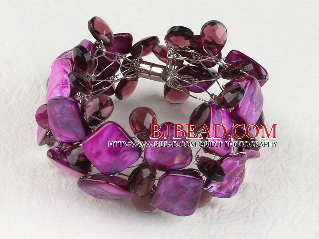 purple crystal and shell bracelet with magnetic clasp