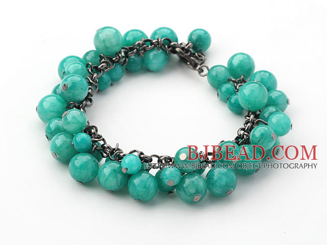 Round Dark Green Candy Jade Bracelet with Metal Chain
