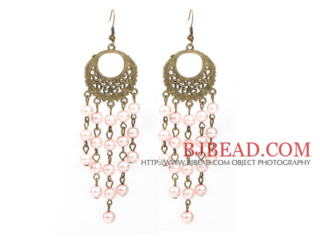 Vintage Style Round Shape Accessory and Round Pink Shell Beads Long Earrings