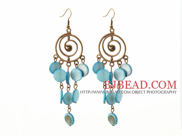 Vintage Style Round Shape Accessory and Flat Round Blue Shell Long Earrings