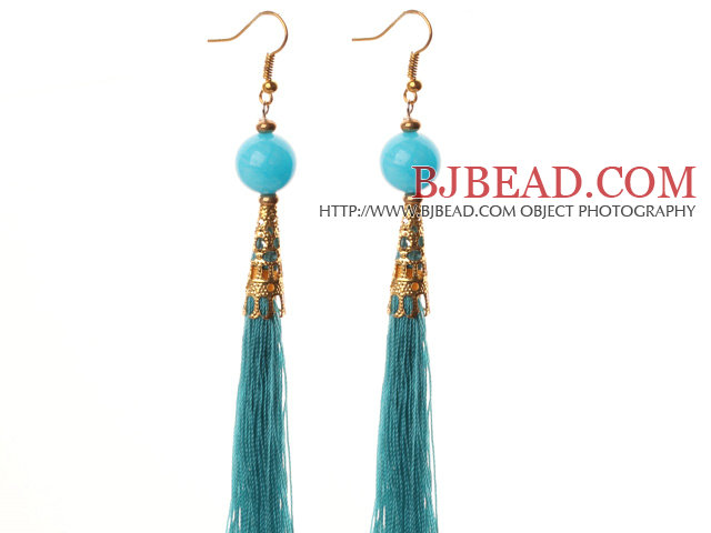 China Style Lake Blue Candy Jade and Blue Thread Tassel Long Dangle Earrings