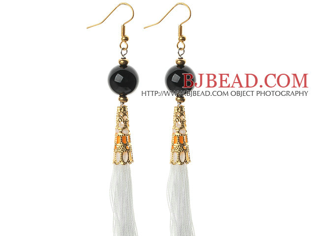 China Style Black Agate and White Thread Tassel Long Dangle Earrings