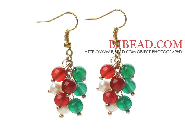 2014 Christmas Design 5-6mm White Pearl and Green Agate and Carnelian Earrings