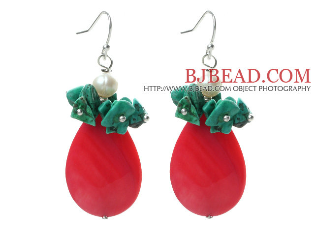 New Design Hot Pink Drop Shape Shell and Turquoise Chips and Pearl Earrings