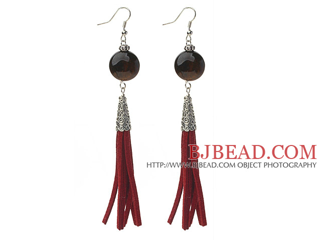 Long Style Flat Round Shape Tiger Eye Dangle Leather Tassel Earrings with Red Leather Tassel
