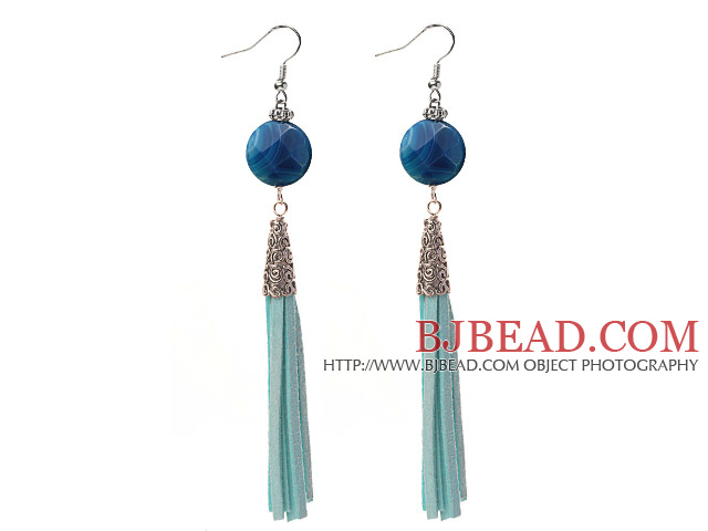 Long Style Flat Round Shape Faceted Blue Agate Dangle Leather Tassel Earrings with Blue Leather Tassel