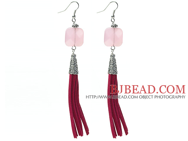 Long Style Square Shape Rose Quartz Dangle Leather Tassel Earrings with Red Leather Tassel