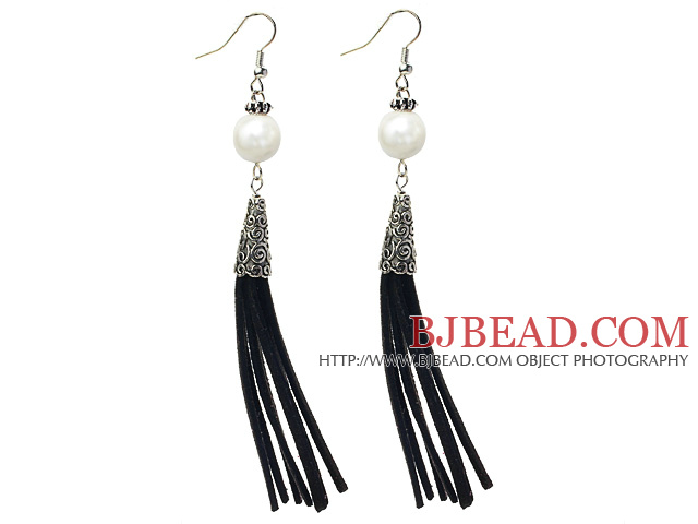 Long Style Round Shape White Seashell Dangle Leather Tassel Earrings with Black Leather Tassel