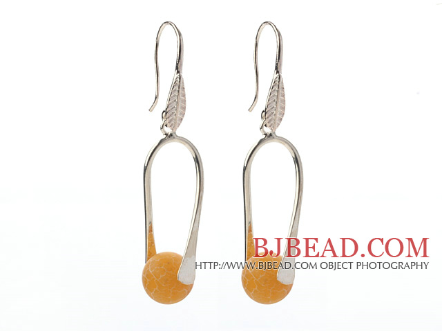 Nice Simple Style 10mm Round Yellow Air-Slake Agate Dangle Earrings With Fish Hook