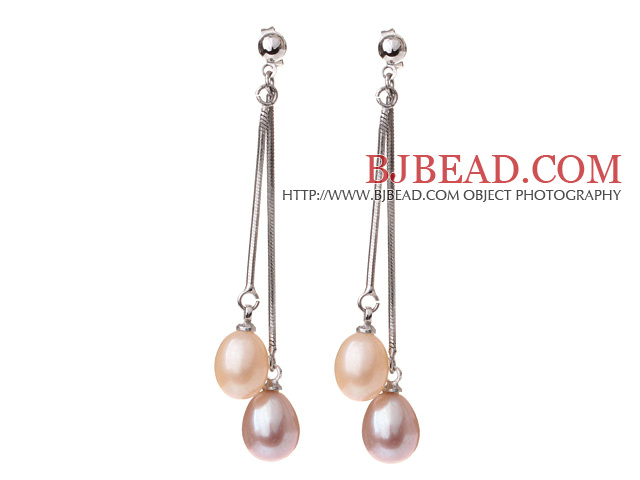 Lovely 8-9mm Natural Drop Shape Pink And Purple Freshwater Pearl Dangle Studs Earrings