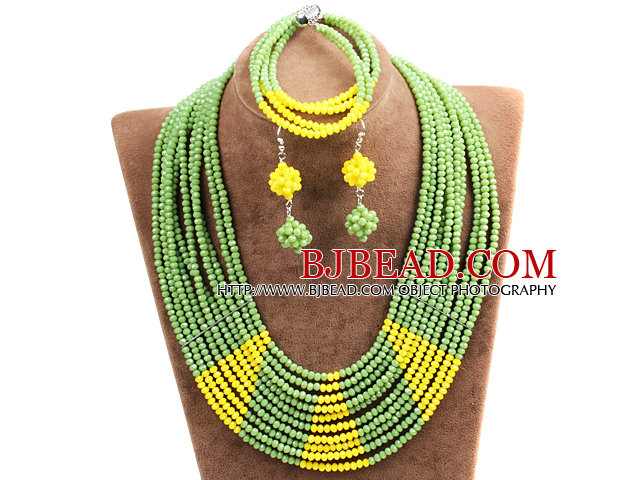 Beautiful Shining 10-Row Green & Yellow Crystal Beads African Wedding Jewelry Set (Necklace, Bracelet & Earrings)