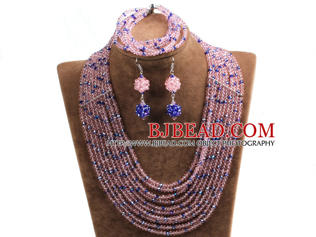 Fabulous 10-Row Pink & Blue Crystal African Wedding Jewelry Set (Necklace $ Bracelet & Earrings)