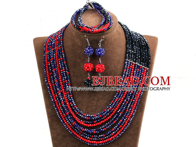 Hipanema 10-Row Black & Red & Dark Blue Crystal African Wedding Jewelry Set (Necklace $ Bracelet & Earrings)