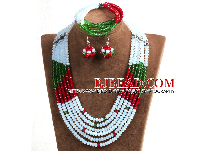 Fashion Multi Layer White & Red & Green Crystal Beads African Wedding Jewelry Set (Necklace, Bracelet & Earrings)