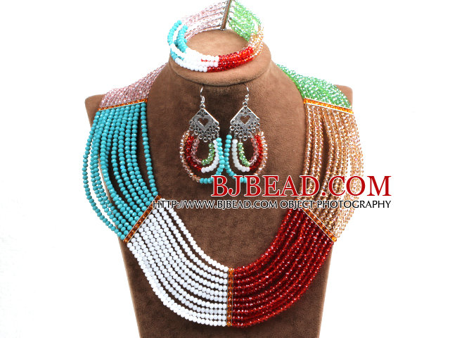 Beautiful Colorful Multi Layer Crystal Beads African Wedding / Party Jewelry Set (Necklace, Bracelet & Earrings)