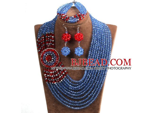 Beautiful Ethnic Style 10-Row Blue & Red & Gray Crystal Beads African Wedding Jewelry Set (Necklace, Bracelet & Earrings)