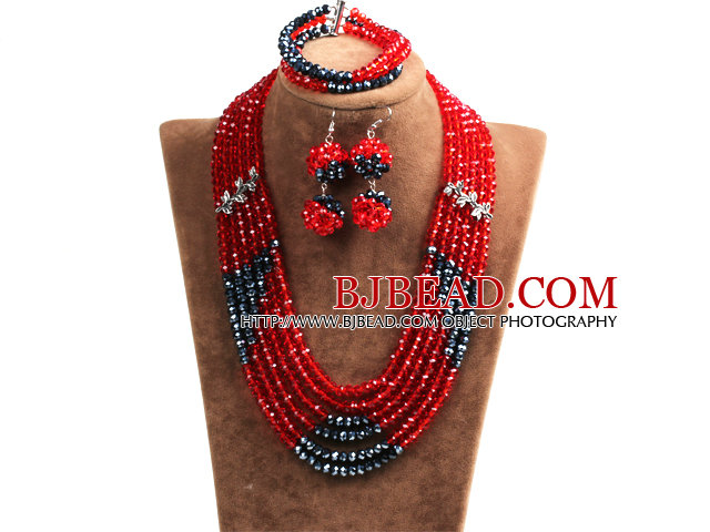 Popular Style Multi Layer Bright Red & Black Crystal African Wedding Jewelry (Necklace, Bracelet & Earrings)